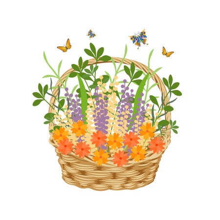 Basket of flowers with butterflies on a white background. Spring summer illustration, vectorのイラスト素材