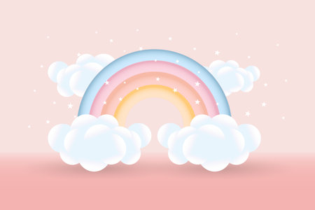 3d baby shower, rainbow with clouds and stars on a pink background, childish design in pastel colors. Background, illustration, vector.のイラスト素材