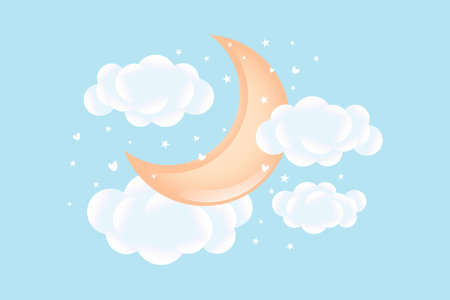 3d baby shower, moon with clouds and stars on a soft blue background, childish design in pastel colors. Background, illustration, vector.のイラスト素材