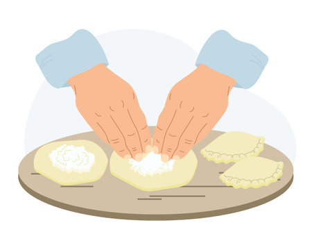 The work of a cook in the kitchen. Illustration of hands with dough. Hands mold pies, dumplings. Food illustration, vector.のイラスト素材