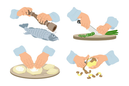 Work in the kitchen, clip art set. Hands peel potatoes, cut onions, cook fish, make pies. Food illustration, vector.のイラスト素材