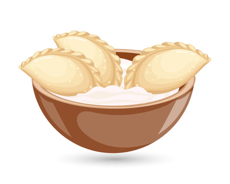Vareniki with sour cream in a bowl. Ukrainian and Russian national cuisine. Food illustration, vector.のイラスト素材