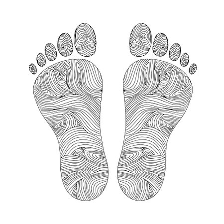 Seamless pattern, line art human footprints, foot prints with zentangle ornament on white background. print, background, vectorのイラスト素材