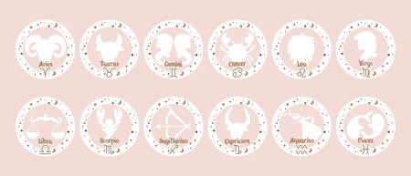 Astrology zodiac signs set, mystical round icons. Esoteric symbols for logo or icons. Pastel colors, vectorのイラスト素材