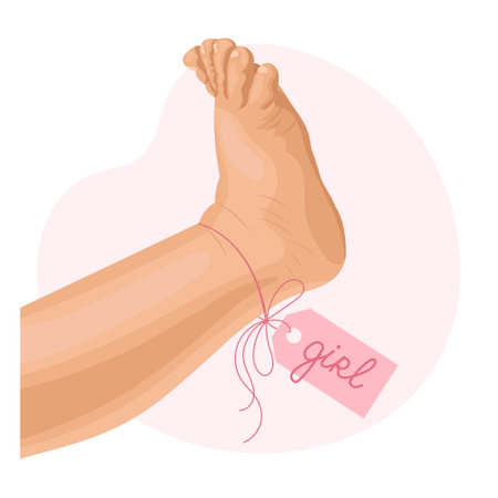 Baby foot with pink label tag girl. Icon, logo, illustration for newborns. Pastel colors, vectorのイラスト素材