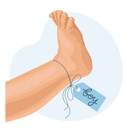 Baby foot with blue label tag boy. Icon, logo, illustration for newborns. Pastel colors, vectorのイラスト素材