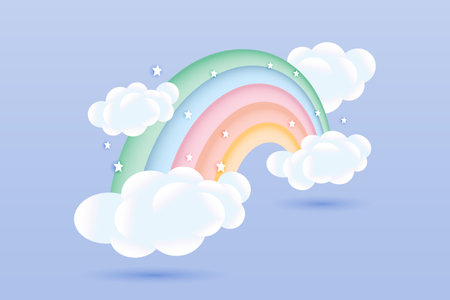 3d baby shower, rainbow with clouds and stars on a pale blue background, childish design in pastel colors. Background, illustration, vector.