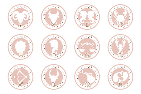 Astrology zodiac signs set, mystical round icons. Esoteric symbols for logo or icons. Pastel colors, vectorのイラスト素材
