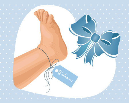 Baby boy leg with blue welcome label and bow. Icon, logo, illustration for newborns. Pastel colors, vectorのイラスト素材