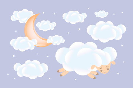 3d baby shower. Sheep sleeps on a cloud with a growing moon with clouds on a soft blue background. Children's design in pastel colors. Background, illustration, vector.のイラスト素材