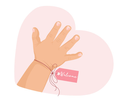 Baby girl hand with Welcome tag. Icon, logo, illustration for newborns. Pastel colors, vectorのイラスト素材