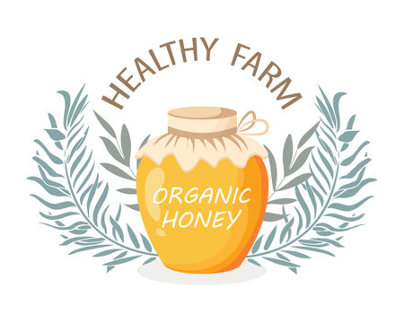 Glass jar of honey on the background of leaves, healthy farm. Organic honey. Vector illustration, icon, logoのイラスト素材