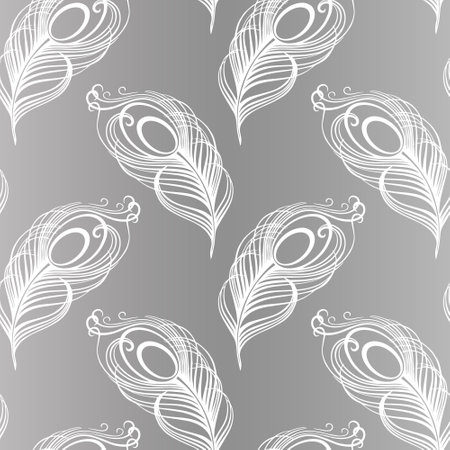 Seamless pattern, hand drawn white peacock feathers on a gray background. Background, print, elegant textile, vectorのイラスト素材
