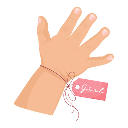 Baby hand with pink tag Girl. Icon, logo, illustration for newborns. Pastel colors, vectorのイラスト素材