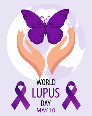 World Lupus Day, 10 May. Banner with a purple ribbon and a butterfly in the hands. Medical poster, vectorのイラスト素材