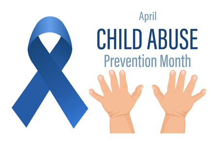 Child Abuse Prevention Month, April. Children's raised hands and a blue ribbon. banner, posterのイラスト素材