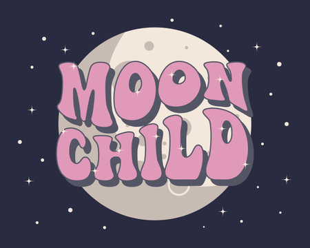 Lettering moon child on the background of the full moon. Hand drawn calligraphic groove lettering, phrase. Baby print, cartoon logo, vectorのイラスト素材