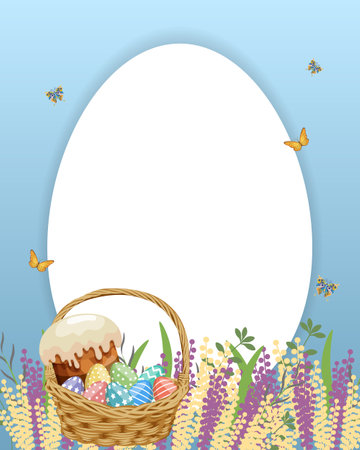 Easter card with Easter basket, Easter cake, Easter eggs on a blue background with flowers and butterflies. Easter card, background, vectorのイラスト素材