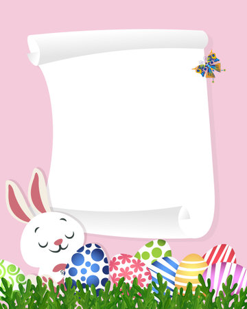 Easter card with a rabbit, Easter eggs and a sheet of white paper for text on a pink background. Easter card, background, vectorのイラスト素材