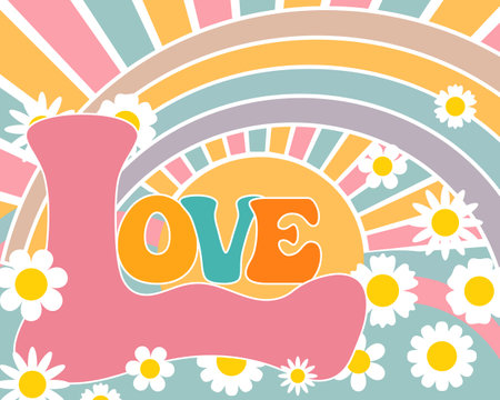 Lettering Love on retro background with sun, rainbow and flowers. Hand drawn calligraphic hippie inscription, phrase. print, illustration, vectorのイラスト素材
