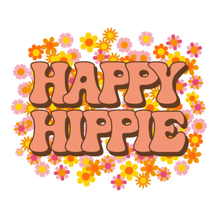Lettering Happy hippie on a retro floral background. Hand drawn calligraphic hippie inscription, phrase. print, cartoon logo, vectorのイラスト素材