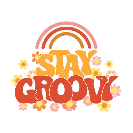 Lettering Stay groove with rainbow and flowers. Handwritten calligraphic inscription, phrase. Baby print, cartoon logo, vectorのイラスト素材