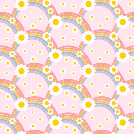 Seamless pattern, rainbows and flowers on a pink background. Retro groove design 70s style. print, textile, vectorのイラスト素材