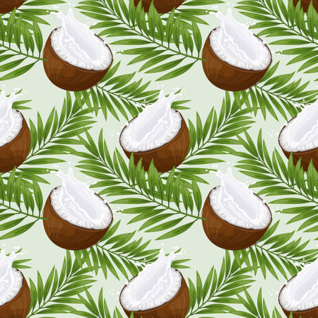 Seamless pattern with coconuts and palm leaves on a light background. Background, print, textile, vectorのイラスト素材