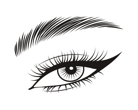 Black and white illustration of a female eye with long eyelashes. Beauty logo, eyelash salon logoのイラスト素材