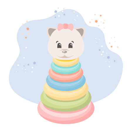 Children's toy pyramid with a cat's head. Cat pyramid on a background with stars. Pastel colors. illustration, vectorのイラスト素材