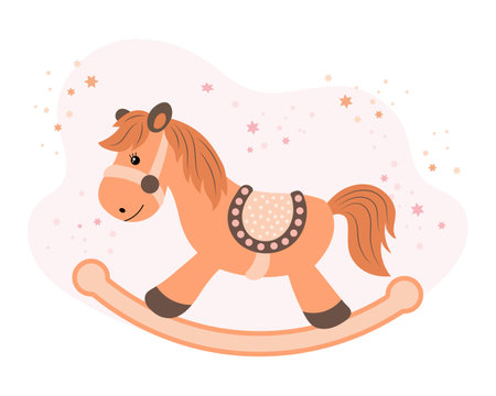 Children's toy rocking horse on a background of stars. Children's card, vectorのイラスト素材