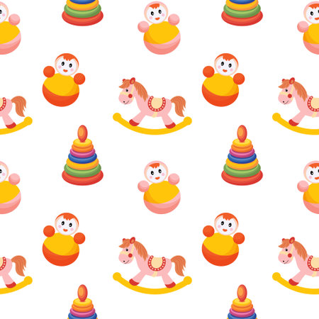 Seamless pattern of colorful children's toys. Rocking horses, pyramids and captive dolls on a white background. Background for girls, print, vectorのイラスト素材