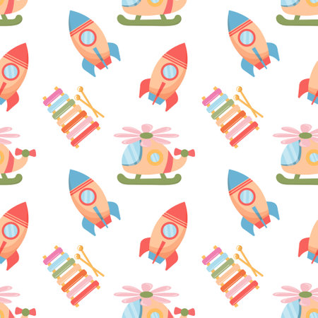 Seamless pattern of colorful children's toys. Rockets, helicopters on a white background. Background for boys, print, vectorのイラスト素材