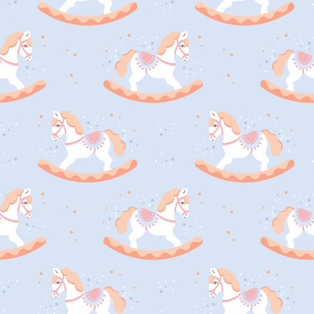 Seamless pattern, cute rocking horses on a background with stars. Pastel colors. Baby shower background, baby textile, wallpaper, vectorのイラスト素材