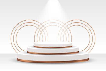 White podium with gold trim and gold rings for product presentation on a white background. 3D illustration, vectorのイラスト素材
