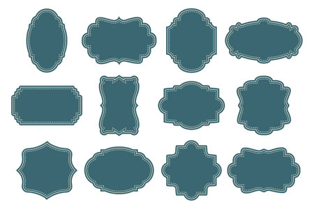 Collection of different curly frames for text, labels. Blue frames with a dotted line. Frames, templates, icons, vectorのイラスト素材