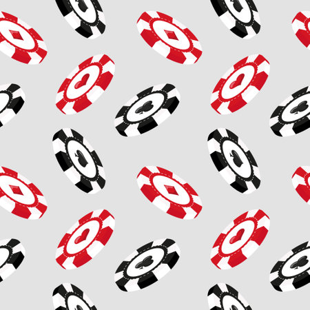 Seamless pattern, 3d casino chips for poker or roulette on a white background. casino background, vectorのイラスト素材