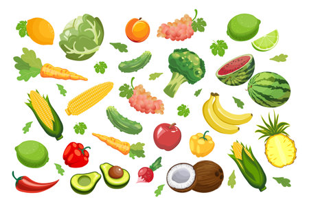Big set of fruits and vegetables. Food, agriculture illustration, vectorのイラスト素材