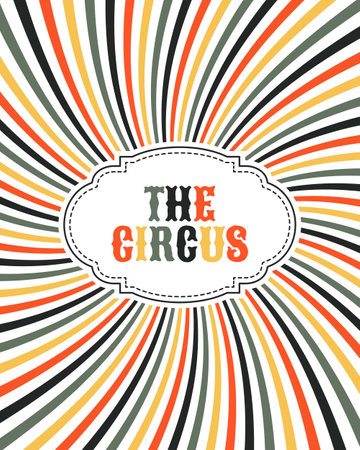 Colorful circus poster on striped rainbow background with beams. Colorful illustration, banner, flyer, vectorのイラスト素材