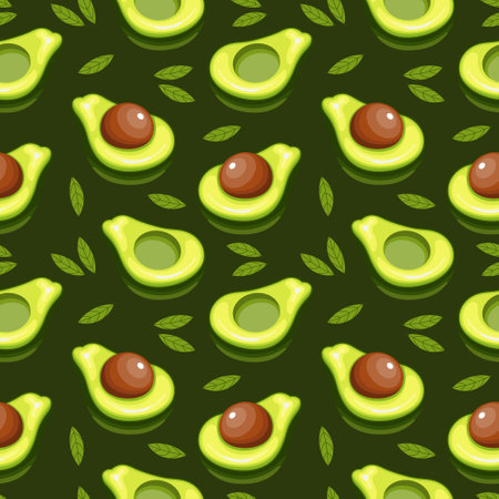 Seamless pattern, colorful avocados with leaves on a green background. Fruit background, print, textile, vectorのイラスト素材