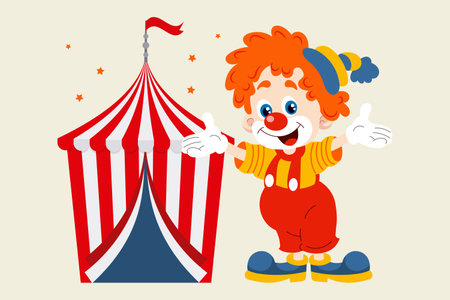 Cheerful clown invites to the circus. Cute clown and big top. Colorful cartoon illustration, vectorのイラスト素材