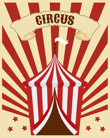 Colorful circus poster, big top on a striped rainbow background with stars. Colorful illustration, banner, flyer, vectorのイラスト素材