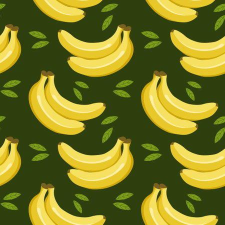 Seamless pattern, colorful bananas and leaves on a green background. Fruit background, print, textile, vectorのイラスト素材
