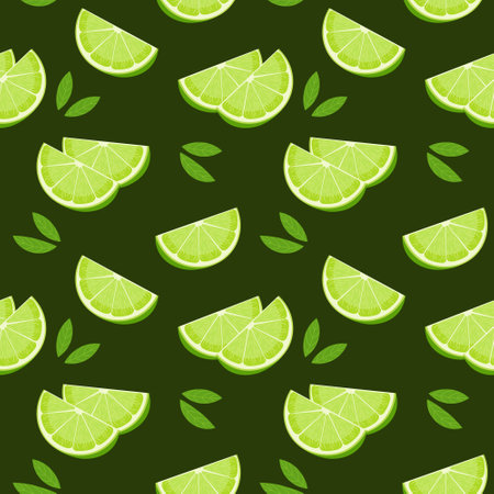 Seamless pattern, colorful lime slices and leaves on a green background. Fruit background, print, textile, vectorのイラスト素材