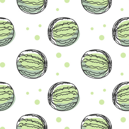 Seamless pattern, contour watermelons with colored spots on a white background. Pastel colors. Minimal modern design. Fruit background, vectorのイラスト素材