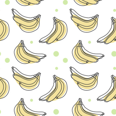 Seamless pattern, contour bananas with colored spots on a white background. Pastel colors. Minimal modern design. Fruit background, vectorのイラスト素材