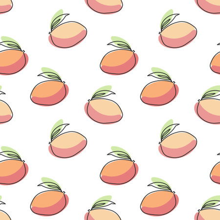 Seamless pattern, contour tropical mangoes with colored spots on a white background. Pastel colors. Minimal modern design. Fruit background, vectorのイラスト素材