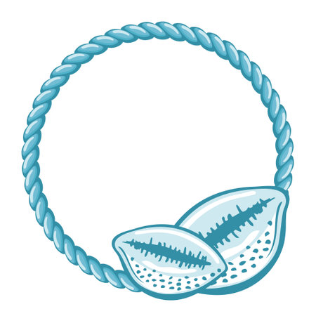 Blue sailor rope with shell, frame. Marine background, logo, template, vectorのイラスト素材
