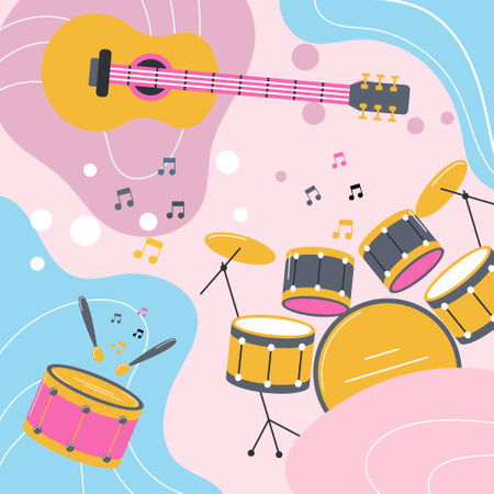 Musical instruments on a colored background in boho style. Pastel colors. Background, poster, print, vectorのイラスト素材