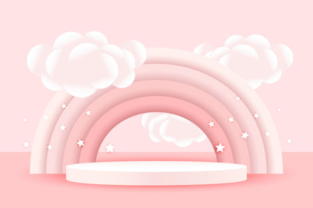 3d baby shower, rainbow and podium with clouds, balloons and stars on a pale pink background, childish design in pastel colors. Background, illustration, vector.のイラスト素材